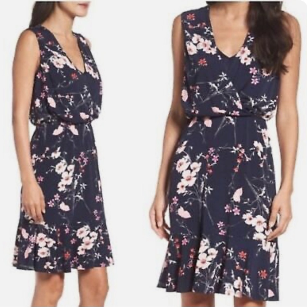 ELIZA J floral print dress navy blue faux wrap front trumpet skirt plus size 16W - Picture 4 of 16